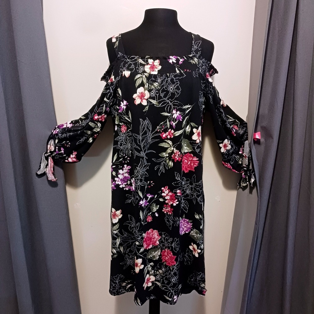 French Laundry 2X Floral Cold Shoulder Smocked Shift Dress Black Pink